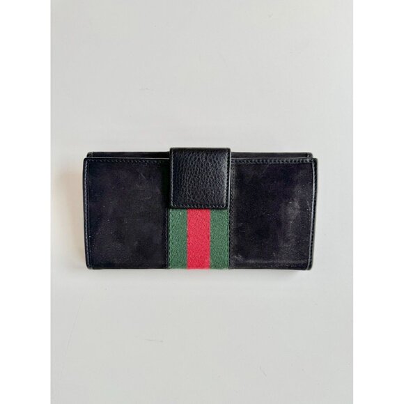 GUCCI 1953 Black Sueded Leather Striped Web Horsebit Continental Flap Wallet - Picture 7 of 16